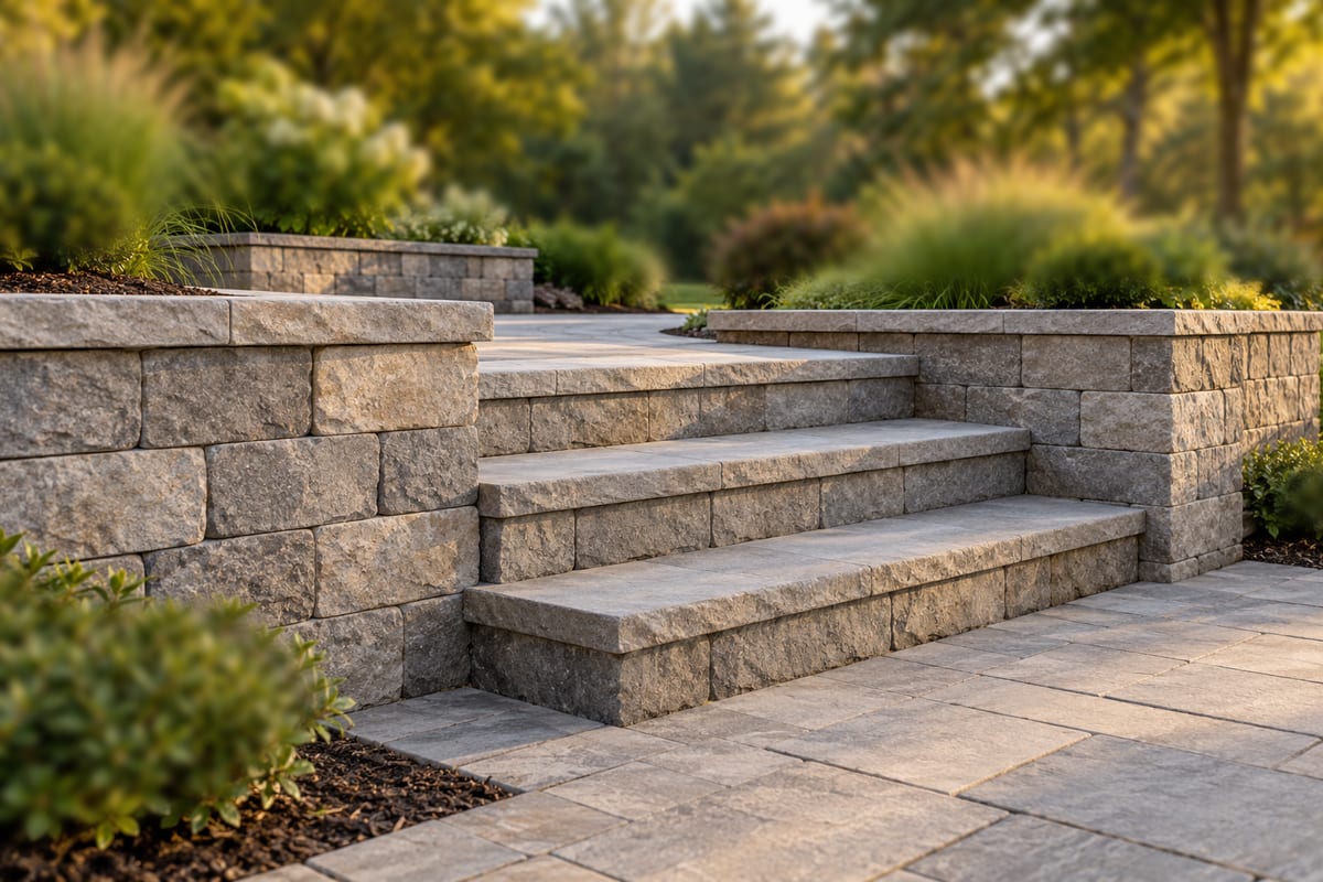 Illustration of masonry steps beside a retaining wall